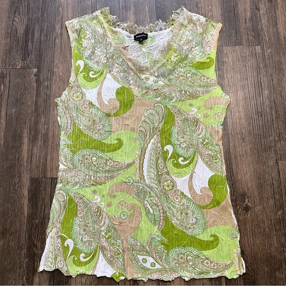 Komarov Vtg Green White Paisley Sleeveless V Neck Women’s Top Stretch Soft L - Picture 5 of 10